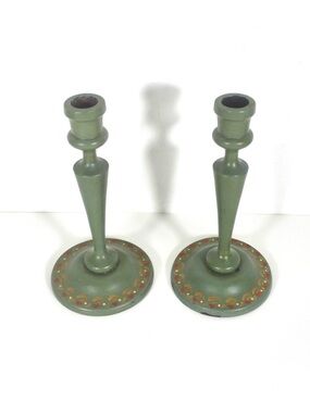 Antique Hand Painted Wooden Candle Holders a Pair